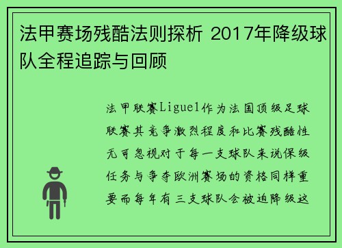 法甲赛场残酷法则探析 2017年降级球队全程追踪与回顾
